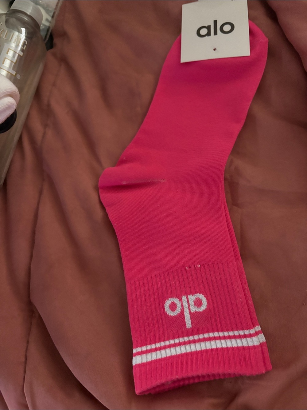 ALO Yoga Hot Pink Crew Socks with White Stripe